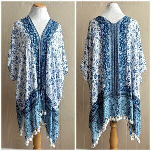 Boho Floral Print Tassel Trim Beachy Open Front Kimono Mi Ami